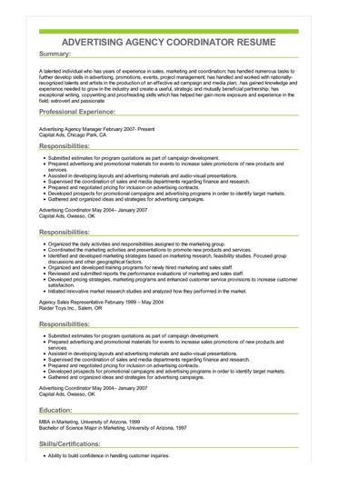 sample advertising agency coordinator resume  u2022 resumebaking